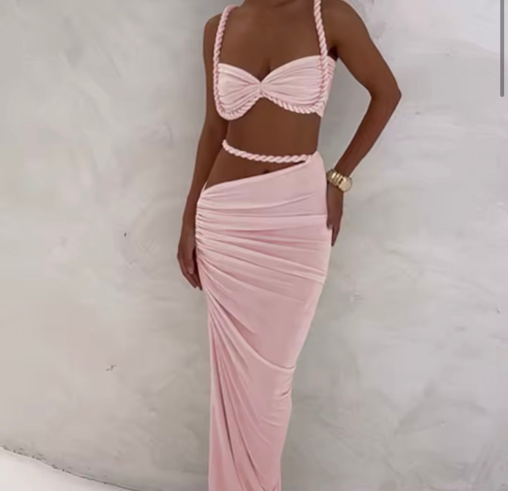 Ensemble 2 pièces femmes,haut tressé + jupes longues slim
