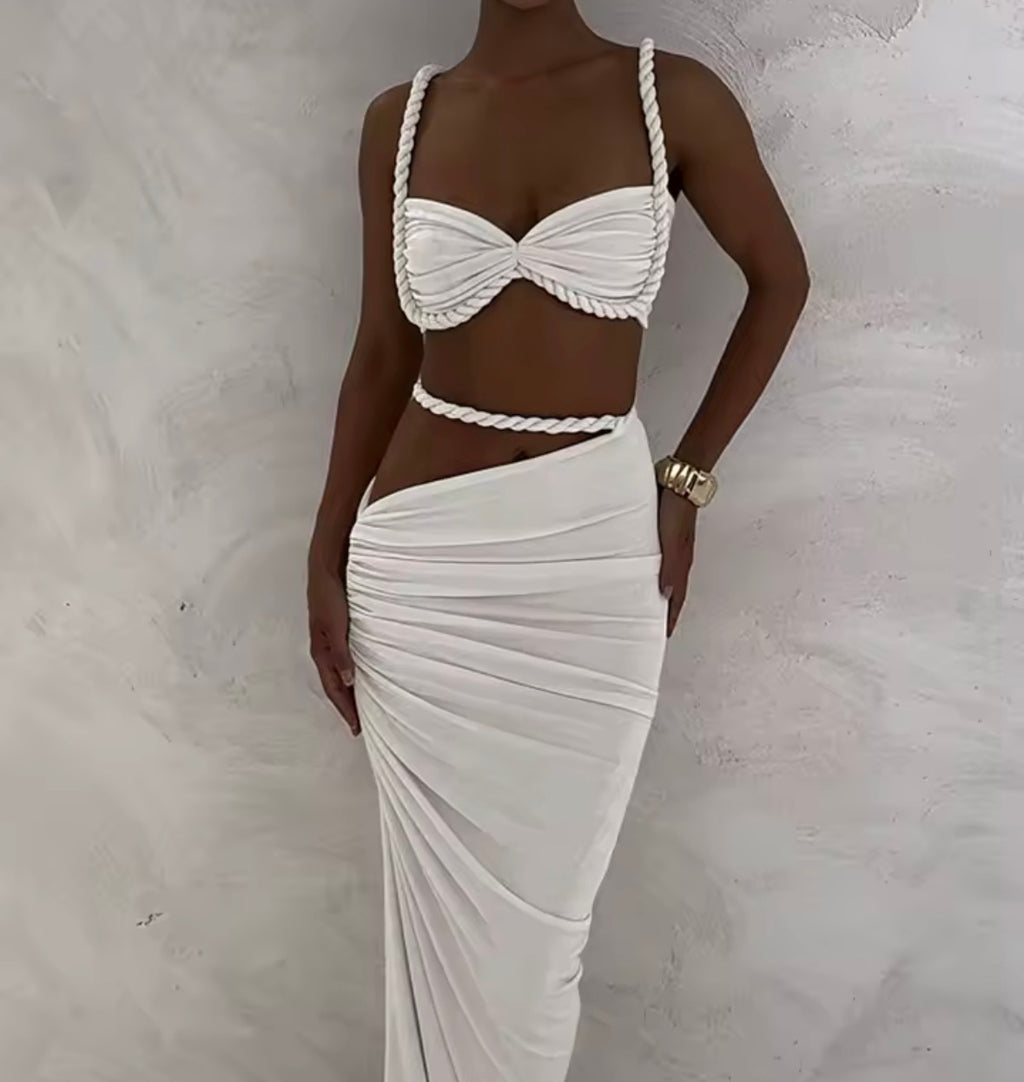 Ensemble 2 pièces femmes,haut tressé + jupes longues slim
