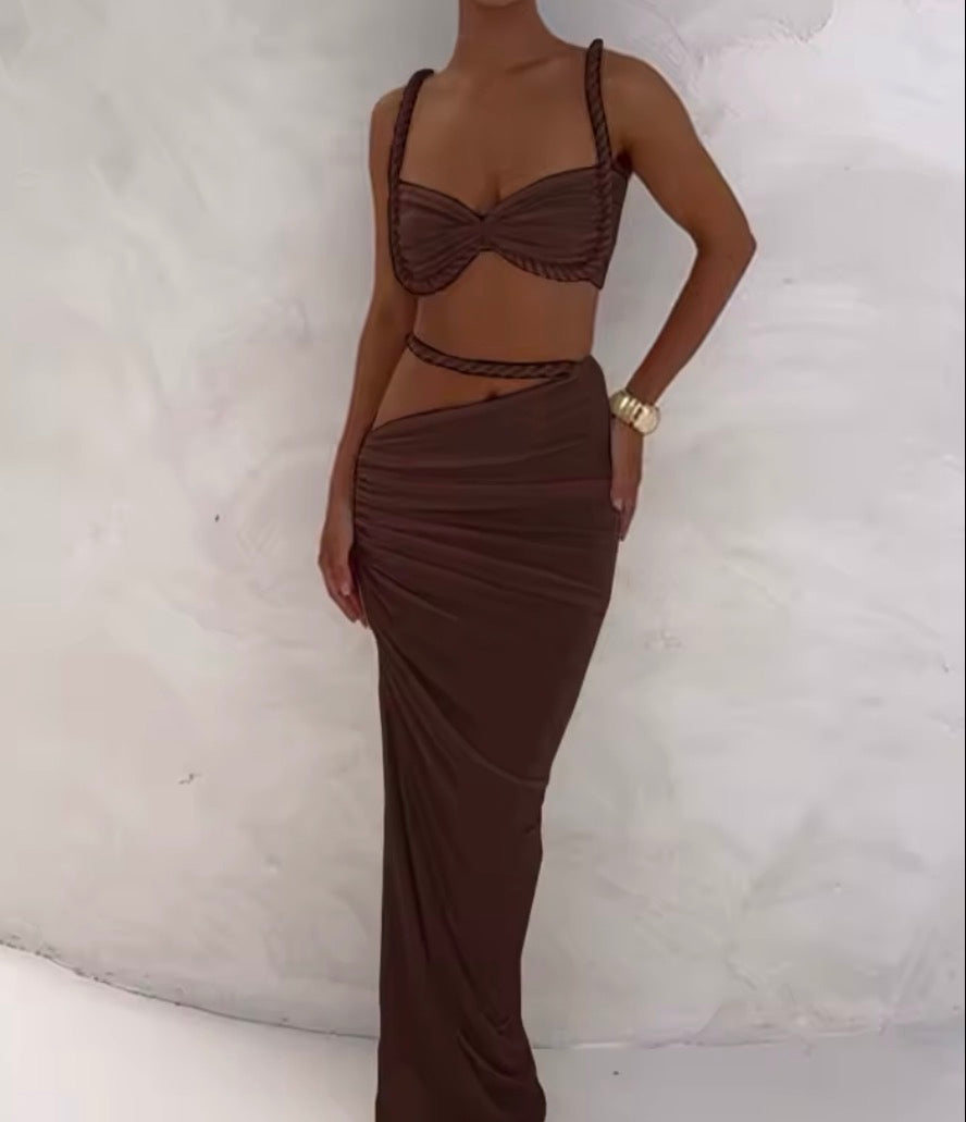 Ensemble 2 pièces femmes,haut tressé + jupes longues slim
