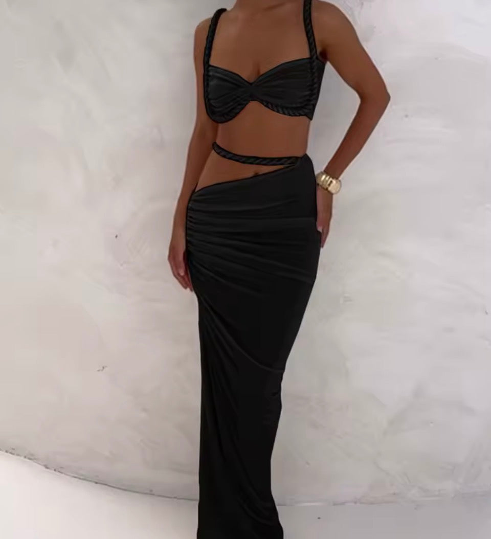 Ensemble 2 pièces femmes,haut tressé + jupes longues slim
